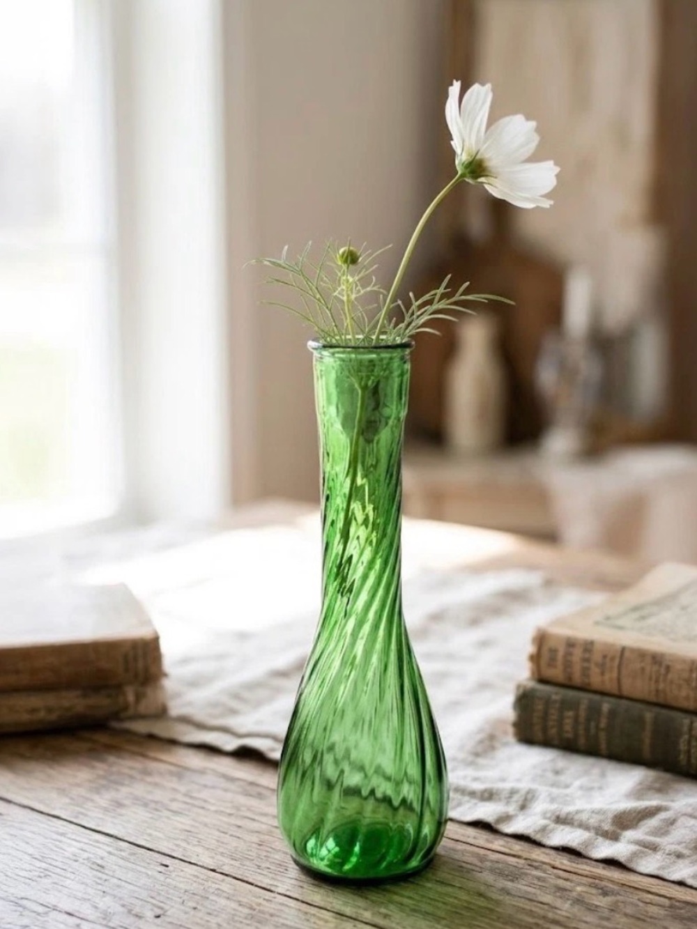 Vintage 1970’s Emerald Green Glass Bud Vase - Sleek Tall Neck Accent & Scalloped